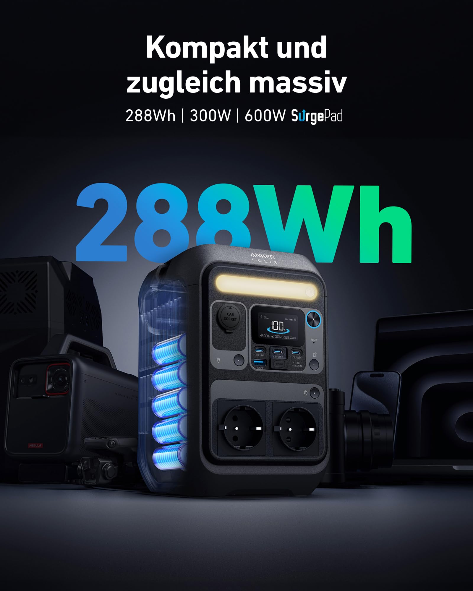 Anker SOLIX C300X Tragbare Powerstation, 288Wh LiFePO4 Akku, 300W (Max 600W) Solargenerator, 140W Beiseitige Schnellladeleistung, Für Camping, Draußen, Reisen, Notfälle, unterwegs (Solarpanel Optional