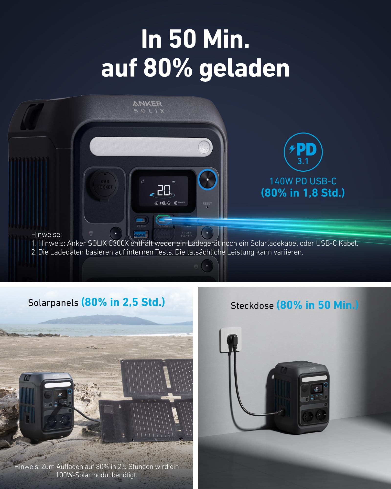 Anker SOLIX C300X Tragbare Powerstation, 288Wh LiFePO4 Akku, 300W (Max 600W) Solargenerator, 140W Beiseitige Schnellladeleistung, Für Camping, Draußen, Reisen, Notfälle, unterwegs (Solarpanel Optional