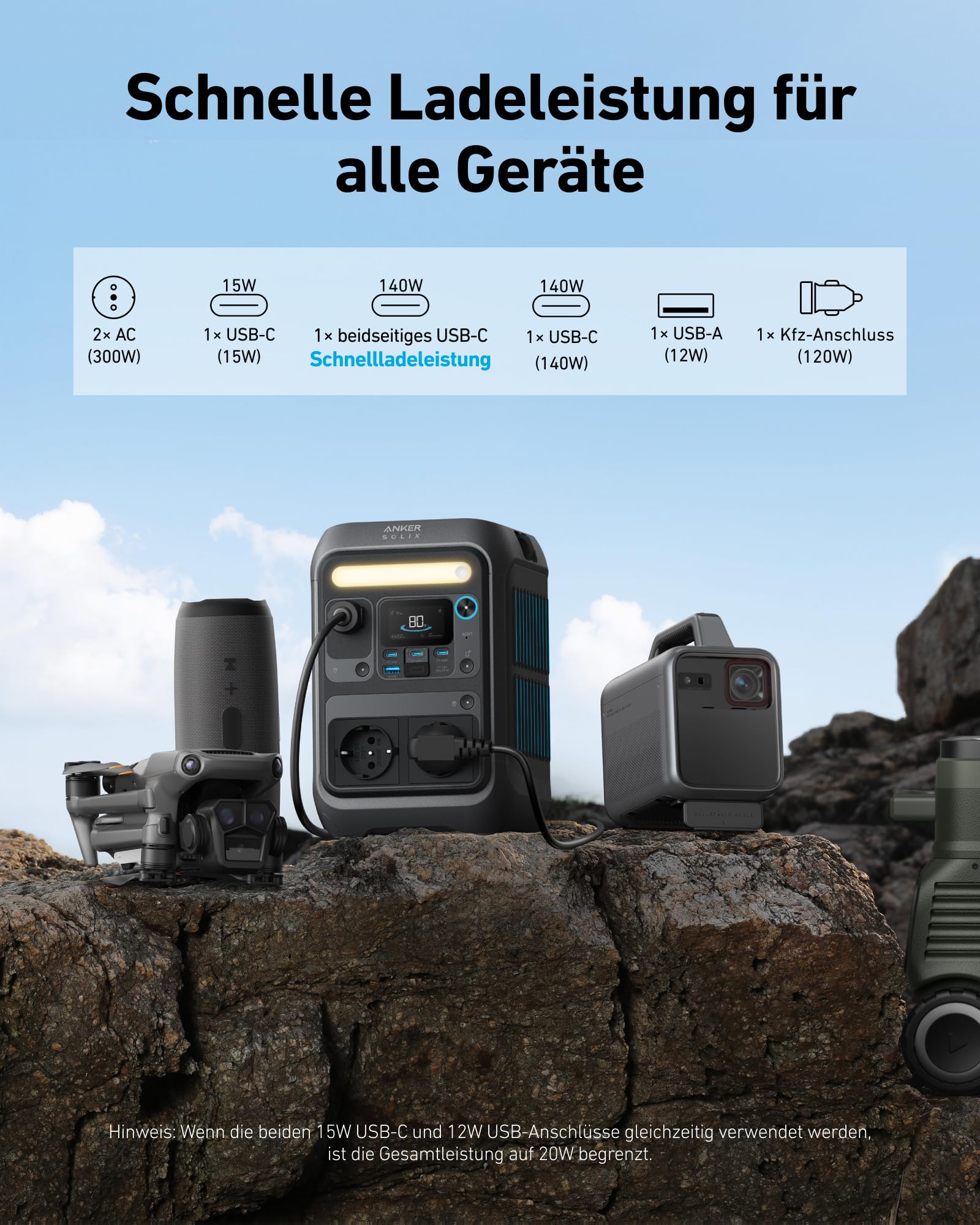 Anker SOLIX C300X Tragbare Powerstation, 288Wh LiFePO4 Akku, 300W (Max 600W) Solargenerator, 140W Beiseitige Schnellladeleistung, Für Camping, Draußen, Reisen, Notfälle, unterwegs (Solarpanel Optional